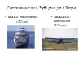 Расстояние от г. Зубцова до г.Твери. Водным транспортом (153 км). Воздушным транспортом (110 км.)