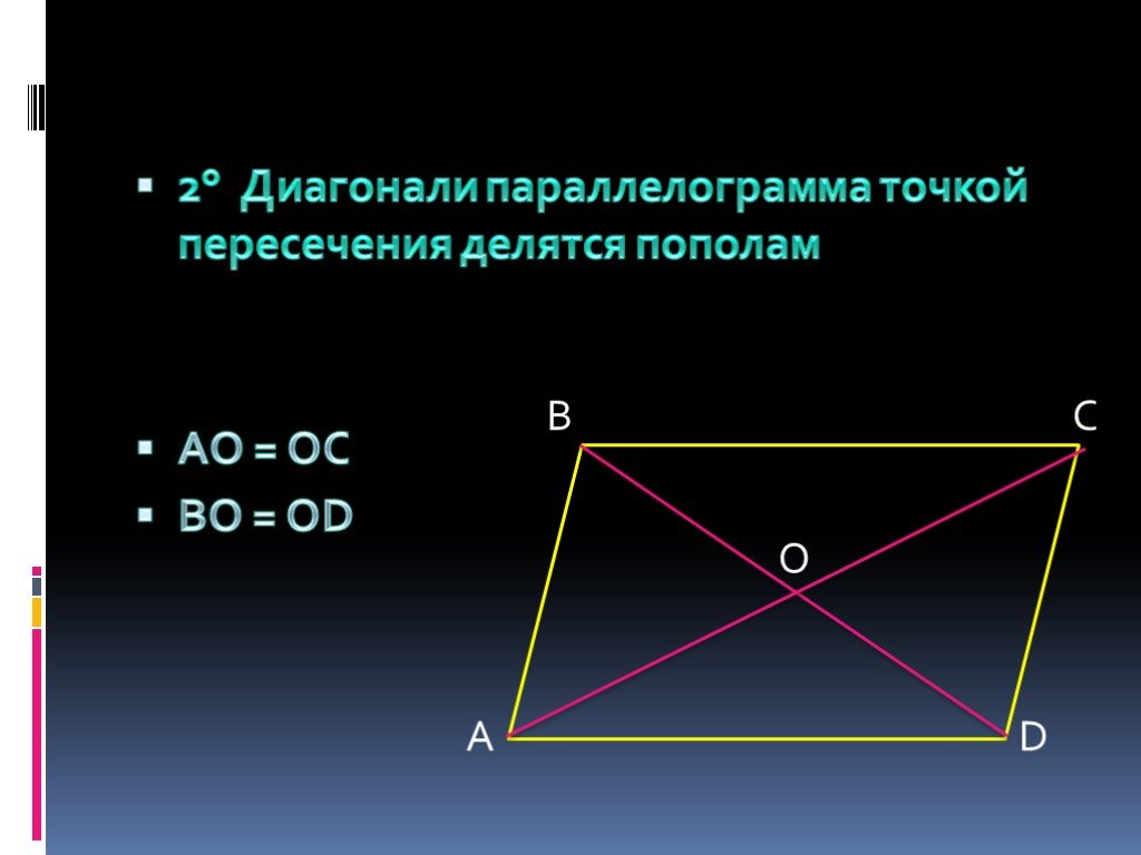 Диагонали пересекаются и точкой пересечения. Диагонали точкой пересечения делятся пополам. Диагонали параллелограмма точкой пересечения делятся. Диагонали параллелограмма делятся пополам. Точка пересечения диагоналей параллелограмма.