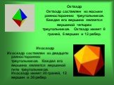 Октаэдр Октаэдр составлен из восьми равносторонних треугольников. Каждая его вершина является вершиной четырех треугольников. Октаэдр имеет 8 граней, 6 вершин и 12 ребер. Икосаэдр Икосаэдр составлен из двадцати равносторонних треугольников. Каждая его вершина является вершиной пяти треугольников. Ик
