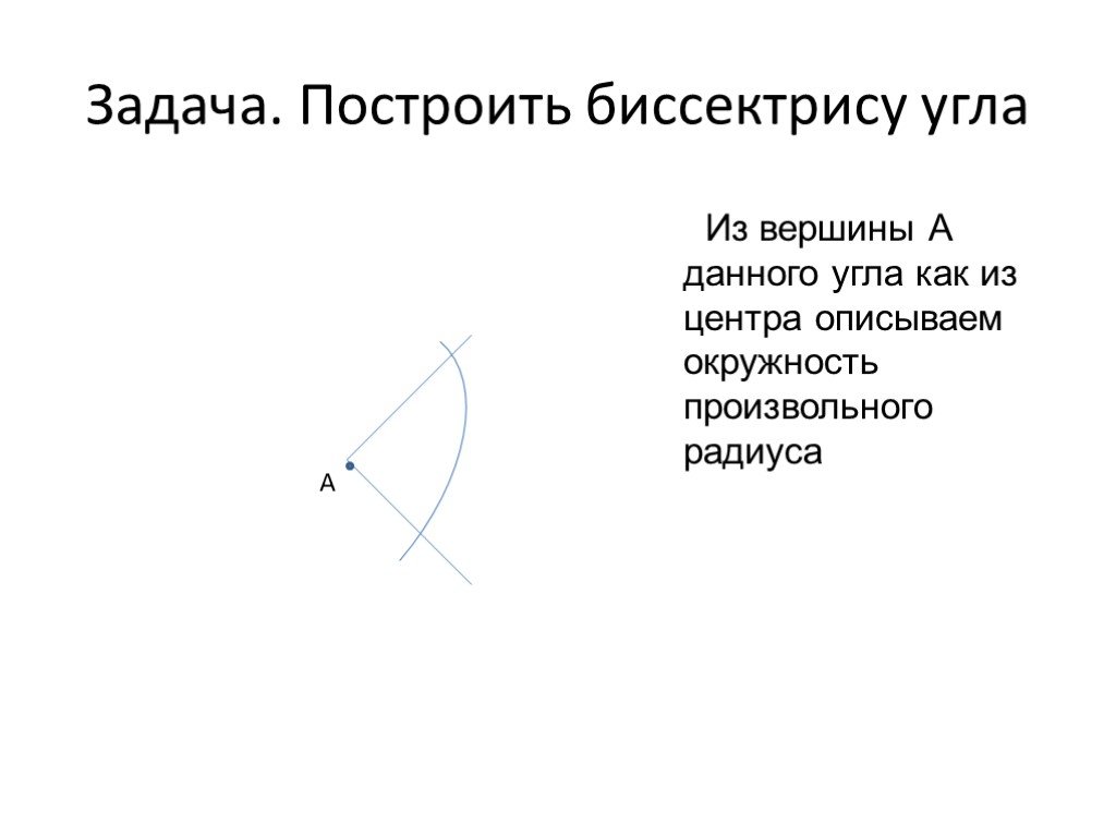 Отрезок биссектрисы угла. Построение биссектрисы угла. Построение биссектрисы данного угла. Окружность произвольного радиуса. Вершина угла описывающая окружность произвольного радиуса.