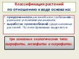 Классификация растений по отношению к воде основа на: приуроченности растений к местообитаниям с разными условиями увлажнения; выработке приспособлений среди наземных растений. По этим признакам выделяется: три основных экологических типа: гигрофиты, мезофиты и ксерофиты.