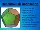 Правильный додекаэдр. составлен из двенадцати правильных пятиугольников. Каждая вершина додекаэдра является вершиной трех правильных пятиугольников.