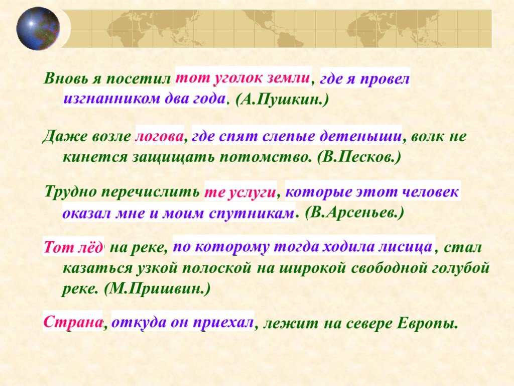 Вновь я посетил тот уголок земли. Тип предложения вновь я посетил тот уголок земли. Даже возле логова где спят Слепые Детеныши волк не кинется. Даже возле логова Слепые Детеныши волк не кинется защищать потомство.