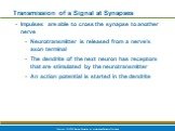 Transmission of a Signal at Synapses. Impulses are able to cross the synapse to another nerve Neurotransmitter is released from a nerve’s axon terminal The dendrite of the next neuron has receptors that are stimulated by the neurotransmitter An action potential is started in the dendrite