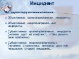 По характеру возникновения: Объективные целенаправленные инциденты. Объективные нецеленаправленные инциденты. Субъективные целенаправленные инциденты (человек идет на конфликт, чтобы решить свои проблемы). Субъективные нецеленаправленные (нечаянно столкнулись интересы двух или нескольких сторон) инц