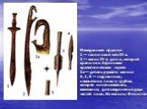 Македонское оружие. 1 — гоплитский меч IV в. 2 — копис IV в. до н.э., который хранится в Афинском археологическом музее. 2а — деталь рукояти кописа 3, 4, 5 — подток пики, наконечник пики и трубка, которая использовалась, возможно, для соединения двух частей пики. Из могилы Филиппа