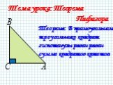 Тема урока: Теорема Пифагора. Теорема: В прямоугольном треугольнике квадрат гипотенузы равен равен сумме квадратов катетов.