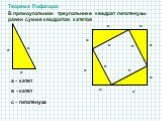 с а в. Теорема Пифагора: В прямоугольном треугольнике квадрат гипотенузы равен сумме квадратов катетов. а - катет в - катет с - гипотенуза