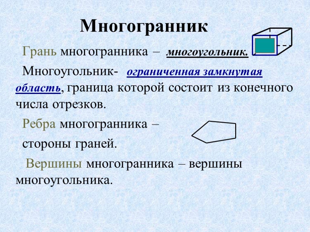 Ограниченная замкнутая. Понятие многогранника. Основные понятия многогранников. Вершины многоугольника. Сторона грани многогранника.