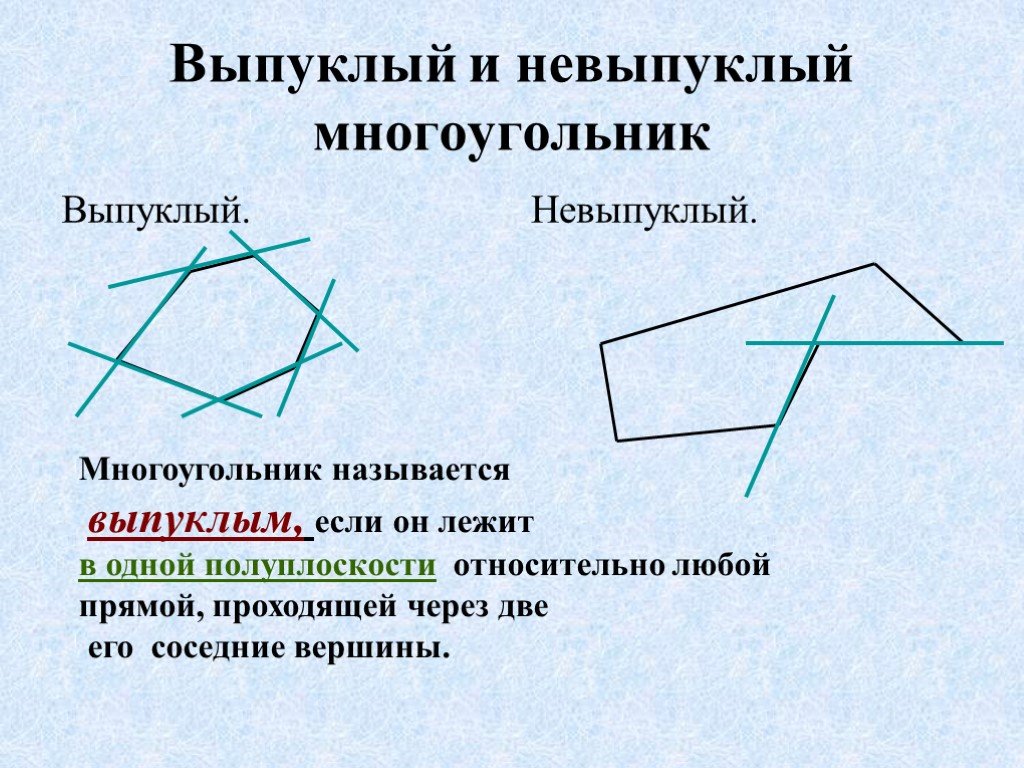 Лежат в одной полуплоскости. Выауклый и невыпклый много угольник. Выпуклый и впуклый многоугольнык. Вы пухлый и не выпухлый многоугольник. Пвруклый и невыпуклый многоугольник.