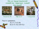 Кто из представителей семейства кошачьих самый быстрый? Тигр-12,78 Лев-2,17 Гепард-9,38 Решите уравнение: А) х+1,7=11,08; Б) (х+5,72)-3,8=11,3