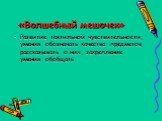 «Волшебный мешочек». Развитие тактильной чувствительности, умения обозначать качества предметов, рассказывать о них, закрепление умения обобщать