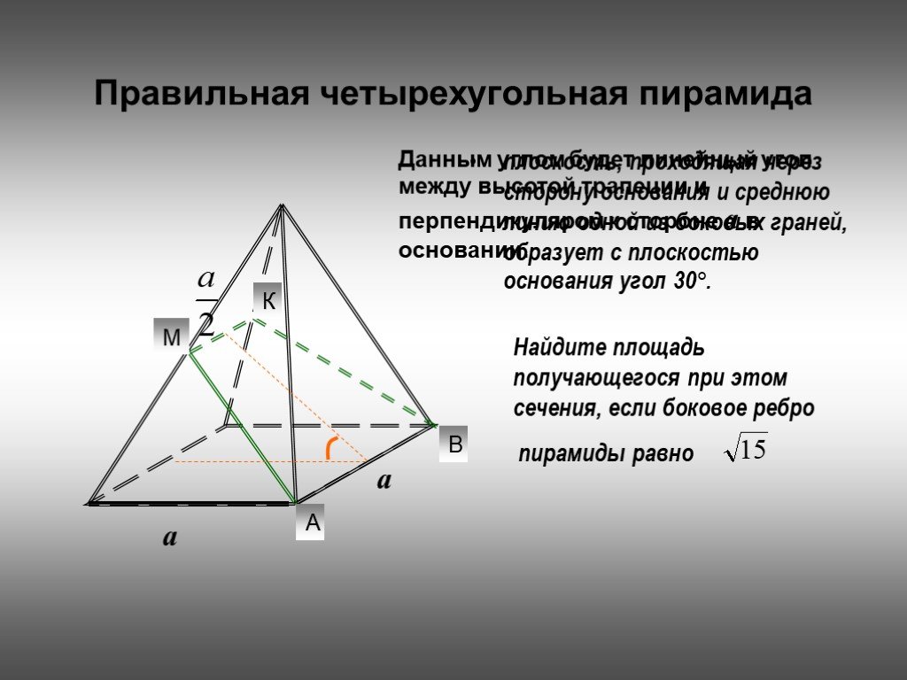 Сечение пирамиды плоскостью перпендикулярной боковой стороне. Плоскость основания правильной четырехугольной пирамиды. Пирамида с 4 угольным основанием. Сечение четырехгранной пирамиды. Сечение четырехугольной пирамиды.
