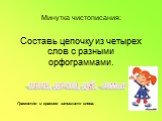 Составь цепочку из четырех слов с разными орфограммами. Минутка чистописания: Грамотно и красиво запишите слова. поля, дочка, дуб, семья