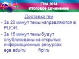 Доставка тем За 20 минут темы направляются в РЦОИ; За 15 минут темы будут опубликованы на открытых информационных ресурсах ege.edu/ru fipi.ru
