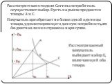 Рассмотрим как в модели Саттона потребитель осуществляет выбор. Пусть на рынке продаются товары А и С. Покупатель приобретает не более одной единицы товара, удовлетворяющего данную потребность, его бюджетная линия отражена на рисунке. Рассматриваемый покупатель выбирает набор Е, включающий оба товар