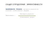 ОБЩЕЕ ОПРЕДЕЛЕНИЕ ЭФФЕКТИВНОСТИ. ЭФФЕКТИВНОСТЬ ПРОЦЕССА - достигнутые результаты по отношению к использованным ресурсам Достигнутые результаты Эффективность = Использованные ресурсы