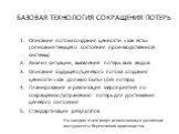 БАЗОВАЯ ТЕХНОЛОГИЯ СОКРАЩЕНИЯ ПОТЕРЬ. Описание потока создания ценности «как есть» (описание текущего состояния производственной системы) Анализ ситуации, выявление потерь всех видов Описание будущего/целевого потока создания ценности «как должно быть» (без потерь) Планирование и реализация мероприя