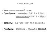 Смета расходов. Участок площадью 8 соток Приобрели : аммофос 0,4 * 8 = 3,2(кг); нитрофоску 4,75 * 8 = 38(кг) Затраты: 3,2 * 20 + 38 * 15 = 634(руб.). Прибыль: 2989руб. – 634руб.= 2355руб.