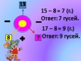 15 8 ? 17. 15 – 8 = 7 (г.) Ответ: 7 гусей. 17 – 8 = 9 (г.) Ответ: 9 гусей.