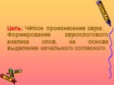 Цель: Чёткое произнесение звука. Формирование звукослогового анализа слов, на основе выделение начального согласного.