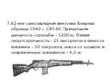7,62-мм самозарядная винтовка Токарева образца 1940 г. СВТ-40. Прицельная дальность стрельбы - 1200 м; боевая скорострельность - 25 выстрелов в емкость магазина - 10 патронов; масса со штыком и снаряженным магазином - 4,3 кг.