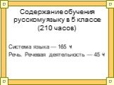 Содержание обучения русскому языку в 5 классе (210 часов). Система языка — 165 ч Речь. Речевая деятельность — 45 ч
