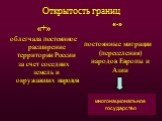 Открытость границ. «+» облегчала постоянное расширение территории России за счет соседних земель и окружавших народов. «-» постоянные миграции (переселения) народов Европы и Азии. многонациональное государство