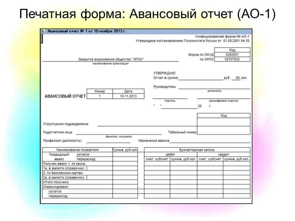 Образец бланка отчета. Унифицированная форма № АО-1 — авансовый отчет. Форма Бланка авансового отчета АО-1. Авансовый отчет (унифицированная форма n АО-1) (ОКУД 0302001). Авансовый отчет форма 2.
