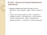 Ф. 060/у – Журнал регистрации инфекционных заболеваний. Журнал ведется во всех УЗ, медицинских кабинетах школ, детских садах, летних лагерях и т.д. Служит для персонального учета пациентов с инфекционными заболеваниями и регистрации обмена информацией между Управлением здравоохранения и центром Госс