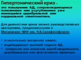 Гипертонический криз – это повышение АД, сопровождающееся появлением или усугублением уже имеющейся церебральной или кардиальной симптоматики. Для диагностики криза можно руководствоваться критериями, предложенными в Московском НИИ им. Н.В.Склифософского: относительно внезапное начало; индивидуально