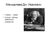 Менделеев Дм. Иванович. Учёный – химик. Создал таблицу химических элементов.