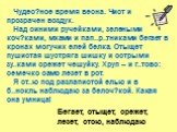 Чудес?ное время весна. Чист и прозрачен воздух. Над синими ручейками, зелеными коч?ками, мхами и пап..р..тниками бегает в кронах могучих елей белка. Отыщет пушистая шустряга шишку и острыми зу..ками срежет чешуйку. Хруп – и г..тово: семечко само лезет в рот. Я ст..ю под разлапистой елью и в б..нокль