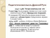 1240 – 1480 Татаро-монгольское иго В 1517 году была издана первая русская книга (напечатана в Праге Франциском Скориной). В середине XVI века была оформлена вторая редакция «Домостроя» (предложена иереем Сильвестром). 1574, 1578 - изданы «Азбуки» Ивана Федорова 1613 - начало правления династии Роман