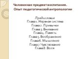 Человек как предмет воспитания. Опыт педагогической антропологии. Предисловие Глава 1. Нервная система Глава 2. Привычки Глава 3. Внимание Глава 4. Память Глава 5. Воображение Глава 6. Мышление Глава 7. Чувствование Глава 8. Воля