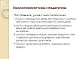 Постоянное развитие коллектива: I стадия – руководитель предъявляет простые и логичные требования к еще неорганизованной группе детей; II стадия –вокруг руководителя начинает сплачиваться актив, как главная реально действующая сила коллектива; III стадия – активную позицию занимает каждый его член. 