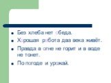 Без хлеба нет обеда. Хорошая работа два века живёт. Правда в огне не горит и в воде не тонет. По погоде и урожай.