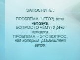 ЗАПОМНИТЕ : ПРОБЛЕМА (ЧЕГО?) речи человека. ВОПРОС (О ЧЁМ?) о речи человека. ПРОБЛЕМА – ЭТО ВОПРОС, над которым размышляет автор.