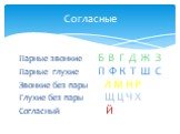 Парные звонкие Б В Г Д Ж З Парные глухие П Ф К Т Ш С Звонкие без пары Л М Н Р Глухие без пары Щ Ц Ч Х Согласный Й. Согласные