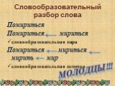 Словообразовательный разбор слова. Помириться Помириться мириться словообразовательная пара Помириться мириться мирить мир словообразовательная цепочка. МОЛОДЦЫ!!!