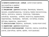 2. Семито-хамитская семья: семитская группа (ассирийцы и арабы) 3. Алтайская семья: а) тюркская группа (татары, башкиры, чуваши, казахи, азербайджанцы, гагаузы, турки-месхетинцы, якуты, долганы, хакасы, тувинцы, тофалары, алтайцы, чулымцы, узбеки, киргизы, каракалпаки, карачаевцы, балкарцы, кумыки, 