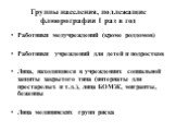 Группы населения, подлежащие флюорографии 1 раз в год. Работники медучреждений (кроме роддомов) Работники учреждений для детей и подростков Лица, находящиеся в учреждениях социальной защиты закрытого типа (интернаты для престарелых и т.д.), лица БОМЖ, мигранты, беженцы Лица медицинских групп риска