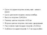 Срок посадки георгин: конец мая - начало июня Срок цветения георгин: июль-октябрь Высота георгин: 0,4-0,6 м Размер цветка георгин: 4-10 см Форма цветка георгин: плоская, однорядная Расстояние при посадке георгин: 25-30 см Глубина посадки георгин: 5-7 см над клубне