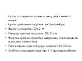 Срок посадки георгин: конец мая - начало июня Срок цветения георгин: июль-октябрь Высота георгин: 0,9-2 м Размер цветка георгин: 10-25 см Форма цветка георгин: махровая, состоящая из плоских лепестков Расстояние при посадке георгин: 25-30 см Глубина посадки георгин: 5-7 см над клубнем