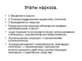 Этапы наркоза. 1.Введение в наркоз. 2.Период поддержания наркозного состояния. 3.Выведение из наркоза. Перед началом наркоза обязательно проводят премедикацию в целях: а)достижения психического покоя с использованием снотворных, анальгетиков или нейролептиков; б)уменьшение секреции – с применением х