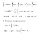 = + 0 = а(8 – 4) = 1. Отсюда 4а = 1 или а = = 0,25. 2) Функция распределения: F(x) = При х ≤ 0 F(x) =