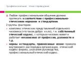 Любое профессиональное общение должно протекать в соответствии с профессионально-этическими нормами и стандартами. 2 группы факторов: комплекс этических представлений отдельного человека (что такое добро и зло), т.е. собственный этический кодекс, с которым человек живет и работает независимо от проф