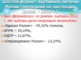 Был сформирован на думских выборах 2011 г. эти выборы дали следующие результаты: «Единая Россия» - 49,32% голосов, КПРФ – 19,19%, ЛДПР – 11,67%, «Справедливая Россия» - 13,24%. Шестой формат партийной системы России (последний на настоящее время - 2016 г.)