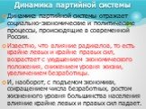 Динамика партийной системы отражает социально-экономические и политические процессы, происходящие в современной России. Известно, что влияние радикалов, то есть крайне левых и крайне правых сил, возрастает с ухудшением экономического положения, снижением уровня жизни, увеличением безработицы. И, нао