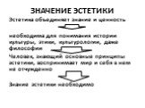 ЗНАЧЕНИЕ ЭСТЕТИКИ. Эстетика объединяет знание и ценность необходима для понимания истории культуры, этики, культурологии, даже философии Человек, знающий основные принципы эстетики, воспринимает мир и себя в нем не отчужденно Знание эстетики необходимо